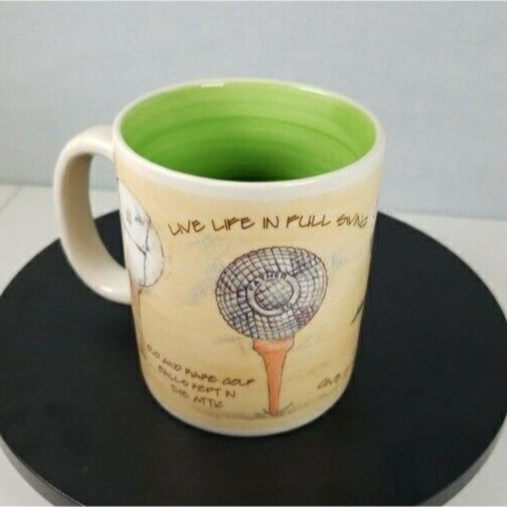 Russ Berrie Golf Coffee Mug Handpainted Swing Ball Club Vintage History Rare Cup